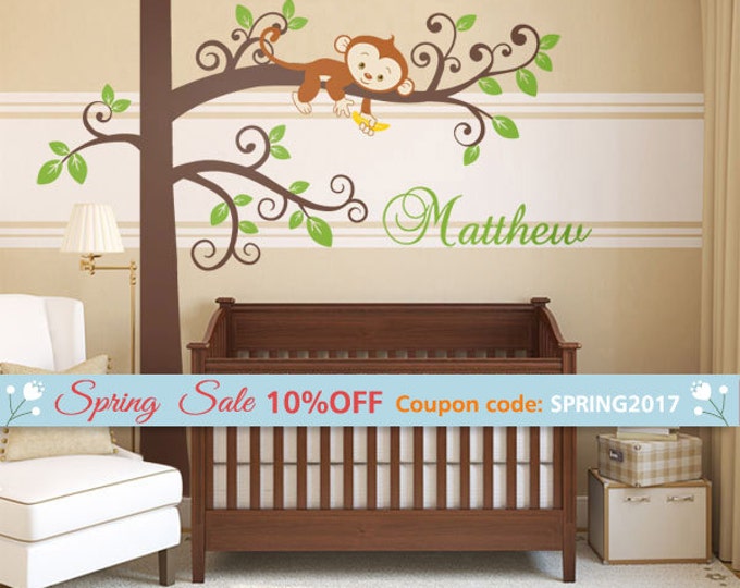 Monkey Wall Decal, Monkey and Tree Wall Decal, Jungle Wall Decal, Jungle Monkey Personalized Nursery Baby Room Decor Wall Art Wall Sticker