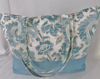 Extra Large Tote, Beach BAG, Diaper BAG, Knitting BAG, Work Purse, Shopping Bag, Turquoise and Beige