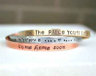 Custom Stamped Bracelet, Home Bracelet, Gift for Mom, Personalized Cuff Bracelet, Message Cuff, Coordinates Bracelet, Silver, Copper, Gold