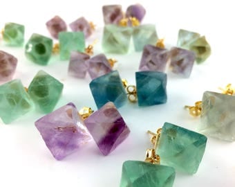 Raw Crystal Stud Earrings - Rainbow Fluorite Crystal Jewelry - Gemstone Stud Earrings - Boho Earring Studs - Large Stone Jewelry 37A 38A