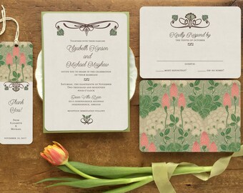 Greenery Wedding Invitation, Wedding Invitation, Art Nouveau Wedding, Vintage Wedding, Arts and Crafts Wedding, The Craftsman Design