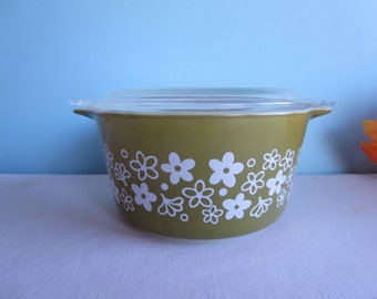 Vintage Green Daisy Casserole Dish with Lid - 1 Quart Tab Casserole
