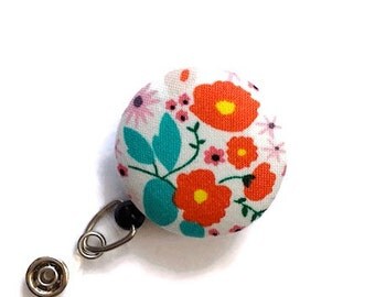 Floral Badge Reel Retractable Badge Holder Name Badge Holder ID Badge Holder Nurse Badge Reel Key Card Holder Badge Clip White Orange Jade