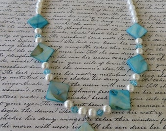 Blue Freshwater Shell Cultured Pearl And Crystal Necklace