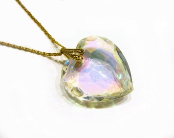 Vintage Crystal Heart Pendant Aurora Borealis 1 1/2" Heart Necklace Large Glass Heart 20" Necklace Gift for Her Gift for Mom Under 25