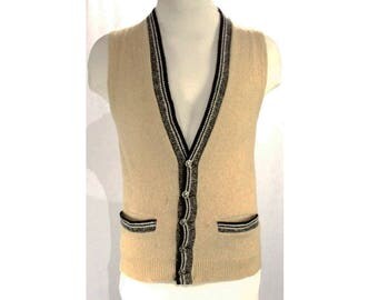 Men's Small Sweater Vest - 1950s Hipster Sleeveless Mens Lamb's Wool Knit - Heathered Taupe with 50s Atomic Era Buttons - Chest 38 - 48821