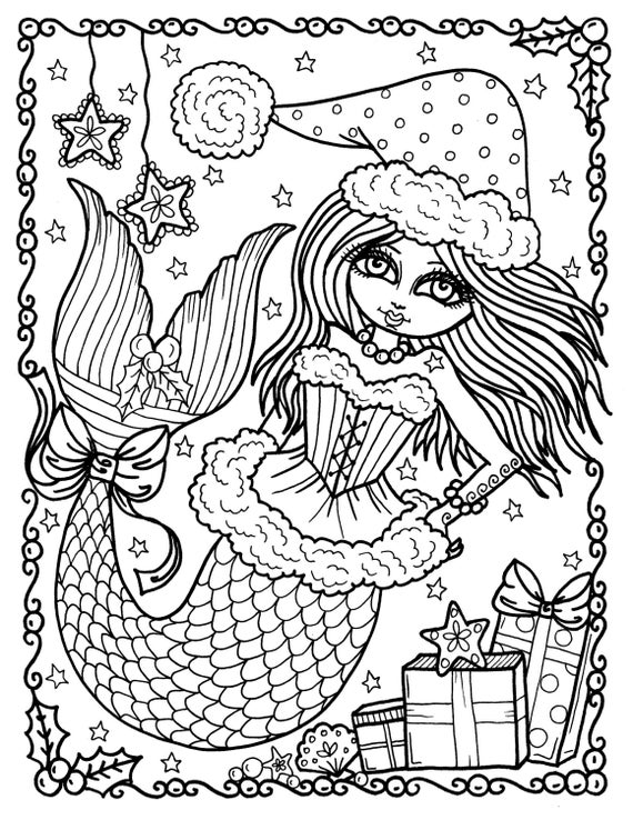 Download Christmas Mermaid Instant Download Coloring page book digi art