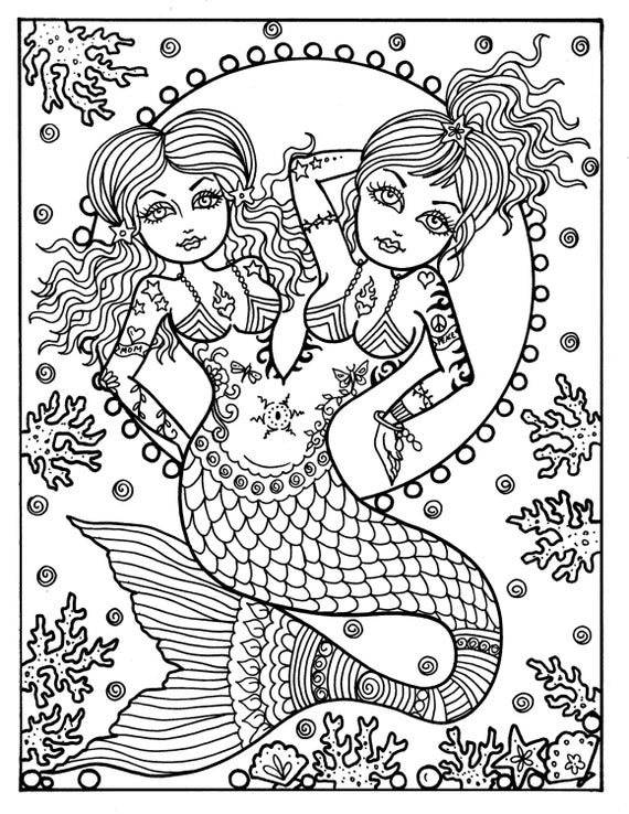 Instant download mermaids  Coloring  page  Adult  Coloring  Books