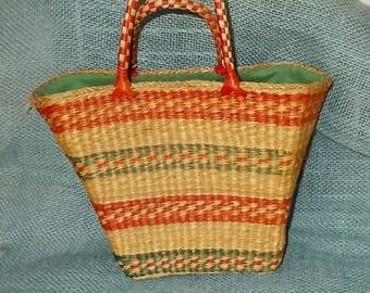 Vintage 1960s or 1970s Small Straw Basket Purse-Tote-Red & Green Stripes-Lined