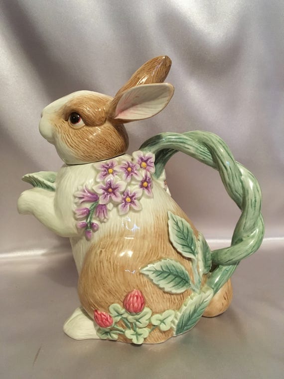 Ceramic Botanical Bunny Tea Pot with Lid by AnniMaesCollectibles