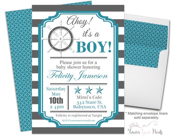 Nautical Baby Shower Invitation Printable or Printed, Baby Shower Invitation Boy, Nautical Baby Invite, Nautical Invitation, Ahoy It's a Boy Il_570xn