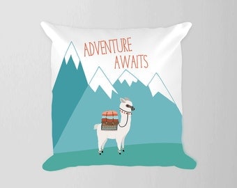 Adventure Awaits Nursery Pillow, Boy Nursery Travel Decor, Adventure Nursery Alpaca Decor, Mountain Nursery Boy Blue Decor Llama Pillow