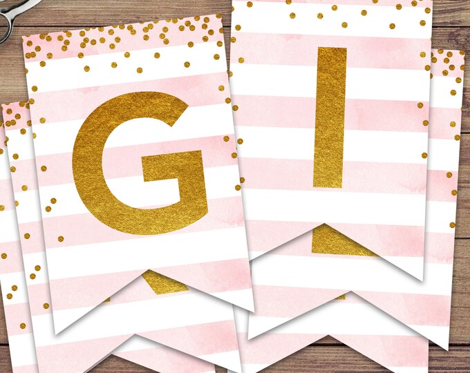 Pink and Gold Glitter "It's a Girl" Baby Shower Banner, Instant Download Print Your Own