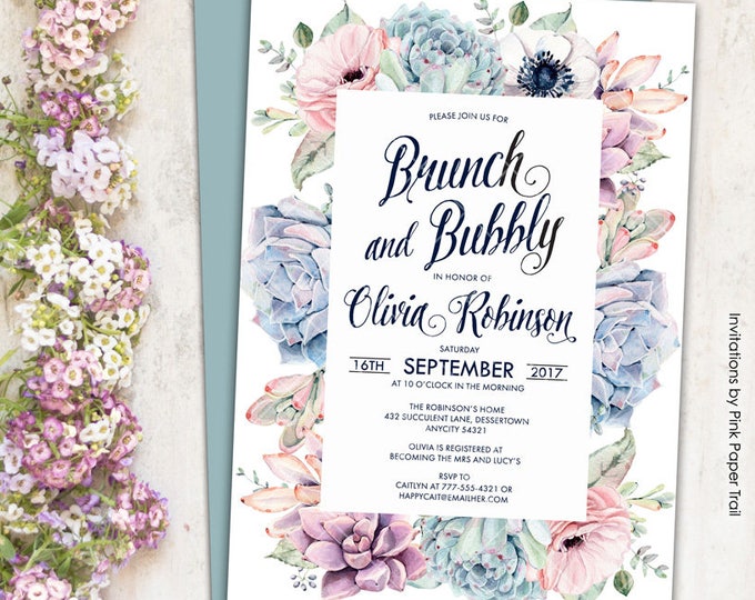 Sweet Dainty Floral Succulent Boho Chic Brunch and Bubbly Invitation, Succulent Protea Anemone Rustic Printable Invitation
