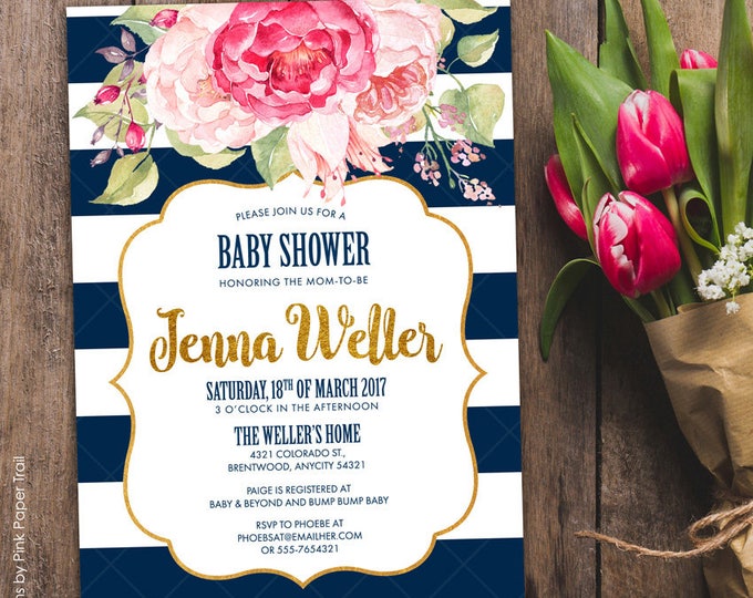 Navy Blue and Blush Pink Floral Invitation Baby Shower Printable Invitation, Navy Blue and White Stripes Pink Floral Baby Shower Invitation