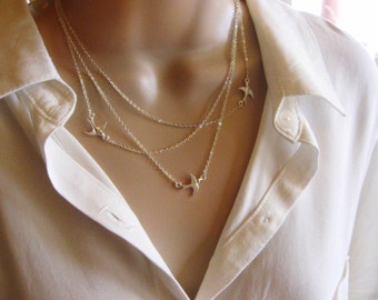 Flying Birds Necklace, Multi Strand Necklace, Sparrow Layering Necklace