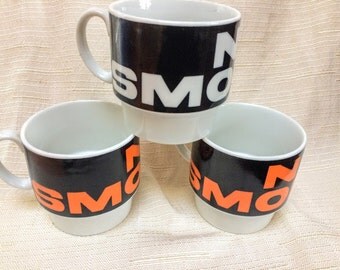 Retro Kitschy Novelty No Smoking Stackable Mugs, Made in Japan, Set of Three No Smoking Mugs, Orange, Black, White