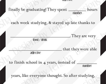 Graduation Mad Libs, Instant Download, Ad Lib, College, High School, Grad, Printable, Fill in the Blank, Decoration, Favor, DIY, Party, 2017