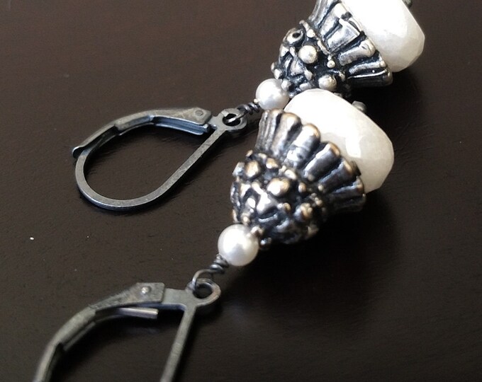Silverite Earrings, Silver Silverite Earrings, Silverite and Pearl Earrings, Silver Pearl Earrings, Silver Silverite and Pearl Earrings