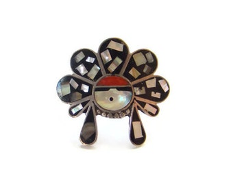 Vintage Sterling Silver Inlay Zuni Sun Face Ring with Headdress Coral Abalone Onyx Size 8 Southwestern