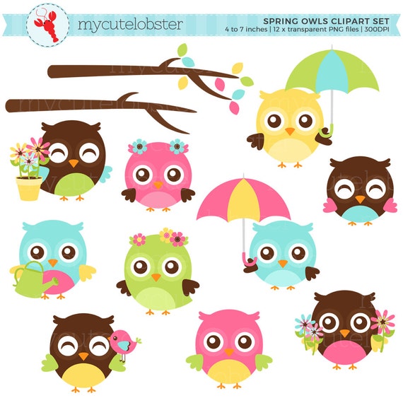 Spring Owls Clipart Set - cute owls, umbrella, flowers ...