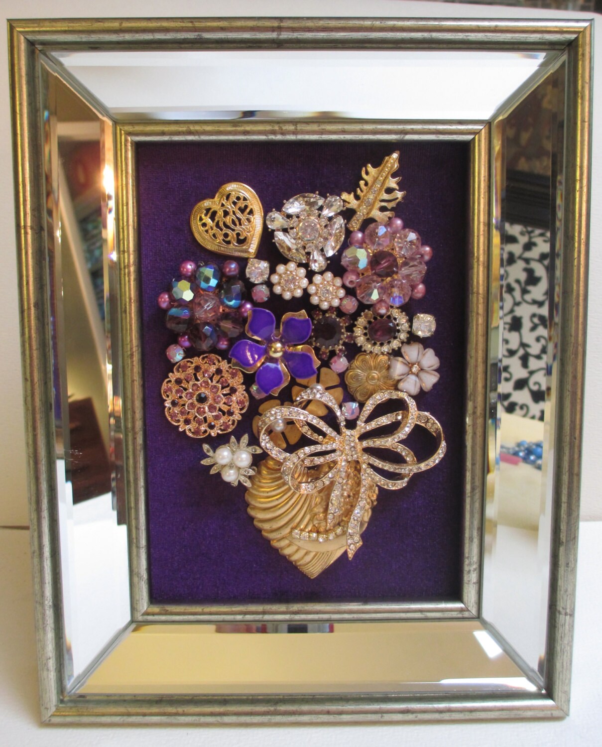 Jeweled Framed Jewelry Flower Bouquet Purple Gold Mirrored