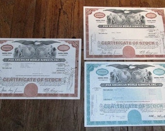3 Stock Certificates for Pan American World Airways, Inc., 1971 and 1981 ~ Free Shipping