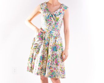 1940's Floral Cotton Sundress 40's Sailor Collar Summer Dress