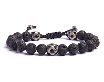 Men's Lava Stone Bracelet - Men's black and silver bracelet - Jewelry for Men - Men's Bracelets - Men's Adjustable bracelets - For him