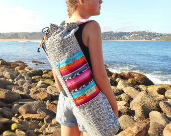 Yoga mat bag - Mexican blanket & Aztec textiles - Pocket, beaded draw string, plenty of wiggle room - stunning bag - handmade in Australia.