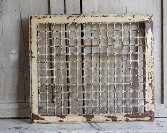 Antique Floor or Wall Register, Cream White, Rusty Metal Vent Grate 16 x 14