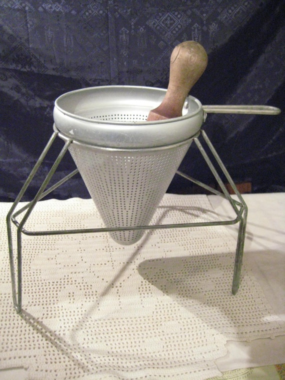 Vintage Cone Sieve Strainer Colander w/ Stand & Wood Pestle