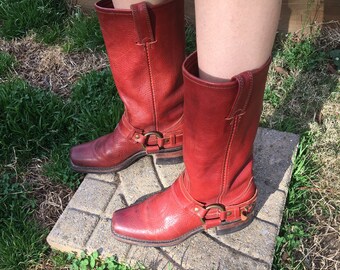 Vintage 70s Red Leather Frye Harness Buckle Boots Womens Size 6.5