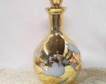 Gold Cut To White Decanter Cameo Glass Butterfly Flowers Floral Bar Ware