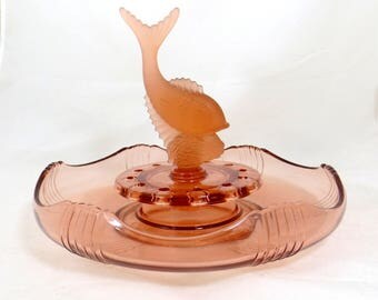 Art Deco Czech Glass Centrepiece, Josef Inwald Pressed Glass Rose Peach 'Poisson Volant' Figural Leaping Fish + Flower Frog & Bowl 1930s