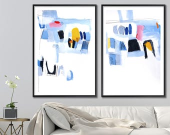 Large art print of abstract painting, Large wall art, Abstract Art, Giclee Print set mid-century modern, Blue Yellow, Geometric