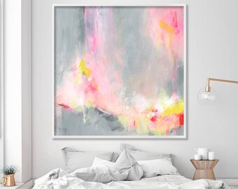 Abstract PRINT of acrylic painting "Hooponopono 02", delicate Abstract Art, large wall art in grey and yellow with pink