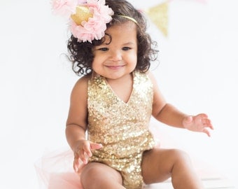 First Birthday Gold Pink Tulle Romper, Baby Girl Clothing, Cake Smash Gold Sequin Romper, Girl First Birthday, Tulle Gold Sequin, Gold Pink