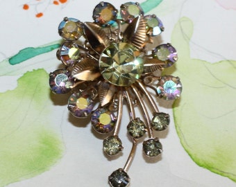 Stunning Vintage Citrine and Gray Rhinestone, AB, Aurora Borealis Brooch