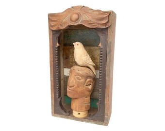 Bird Brain, assemblage art, mixed media sculpture, abstract wood wall art, handmade box by Elizabeth Rosen