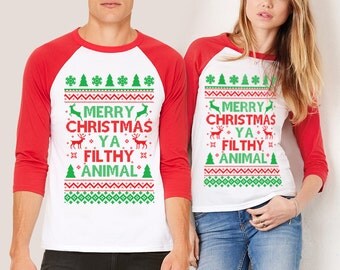 Merry Christmas Ya Filthy Animal , Home Alone shirt, Christmas UNISEX 3/4 Sleeve Raglan (SCREENPRINTED)
