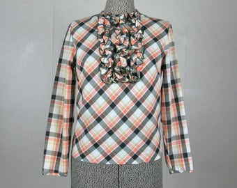 Vintage 1960s Plaid Blouse 60s Peach White and Green Ruffle Blouse by Bobbie Brooks Size M