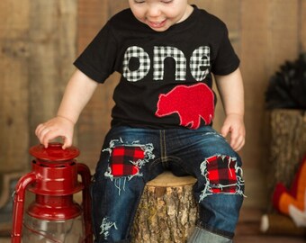 Lumberjack First Birthday Shirt plaid woodland bear Boys Shirt One