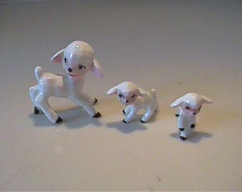 Vintage 1960's miniature bone china family of ewe sheep and lamb