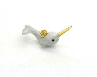 Tiny Porcelain Narwhal Charm Pendant Hand Painted Porcelain Charm Glass Narwhal with GOLD Horn Vintage Style Jewelry Supplies ()