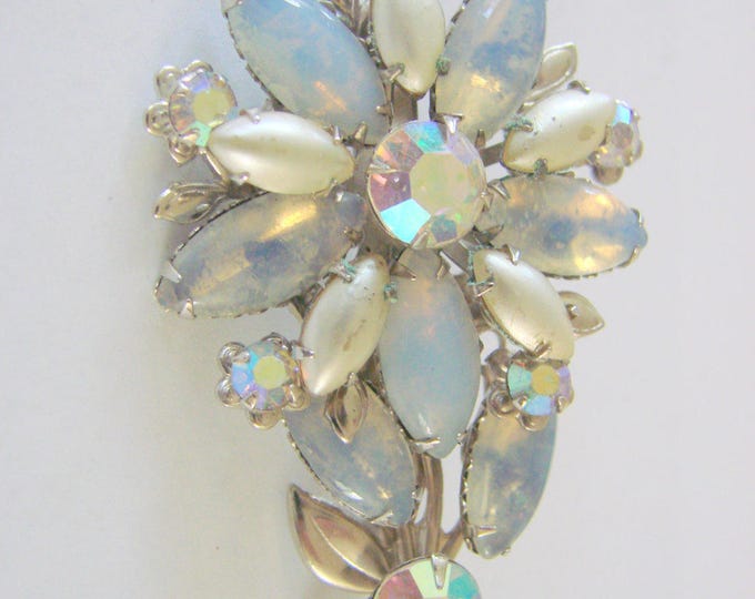 Vintage Blue Rhinestone Aurora Borealis Faux Opal Pearl Brooch Mid Century Jewelry Jewellery