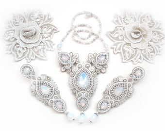 Soutache fancy wedding unusual set -long earrings and necklace - elegant and romantic hand made jewelry for bride - Frozen Opals