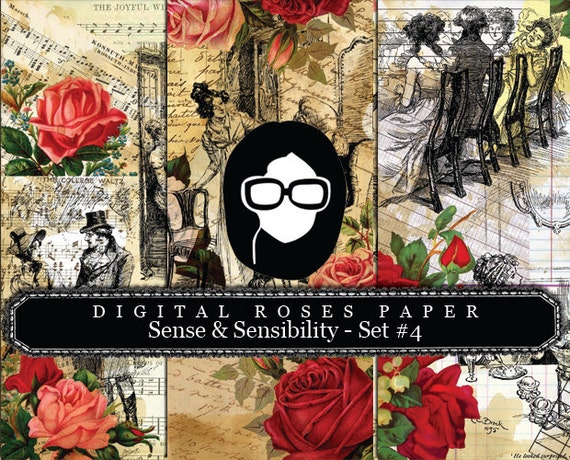 Jane Austen Print - Sense & Sensibility - Set #4 - 3 Pg Instant Downloads - digital rose paper, pride and prejudice, jane austen quote