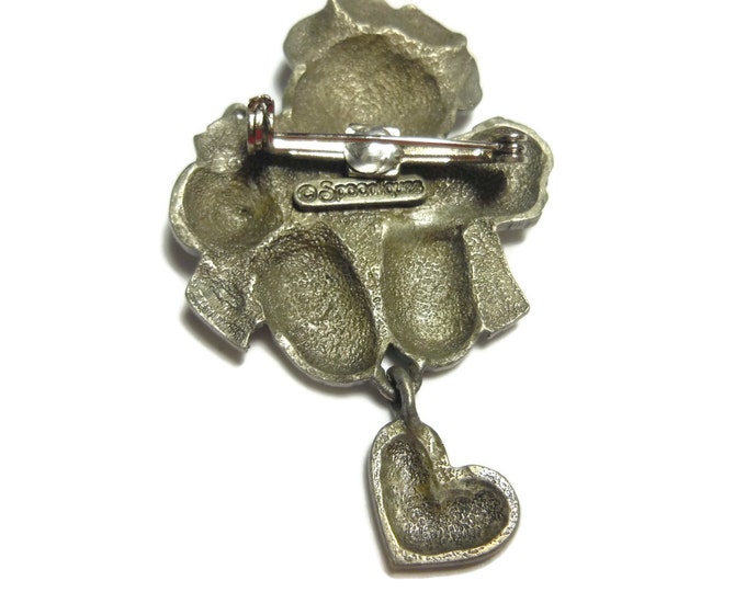 FREE SHIPPING Pewter nurse bear brooch, teddy as nurse, heart charm red enamel heart and RN on it, hat has red cross and red heart on chest