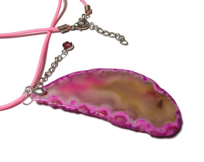 FREE SHIPPING Pink agate slice pendant, fuchsia agate slice, pink crystal dangle, pink cord, extender chain, gemstone necklace